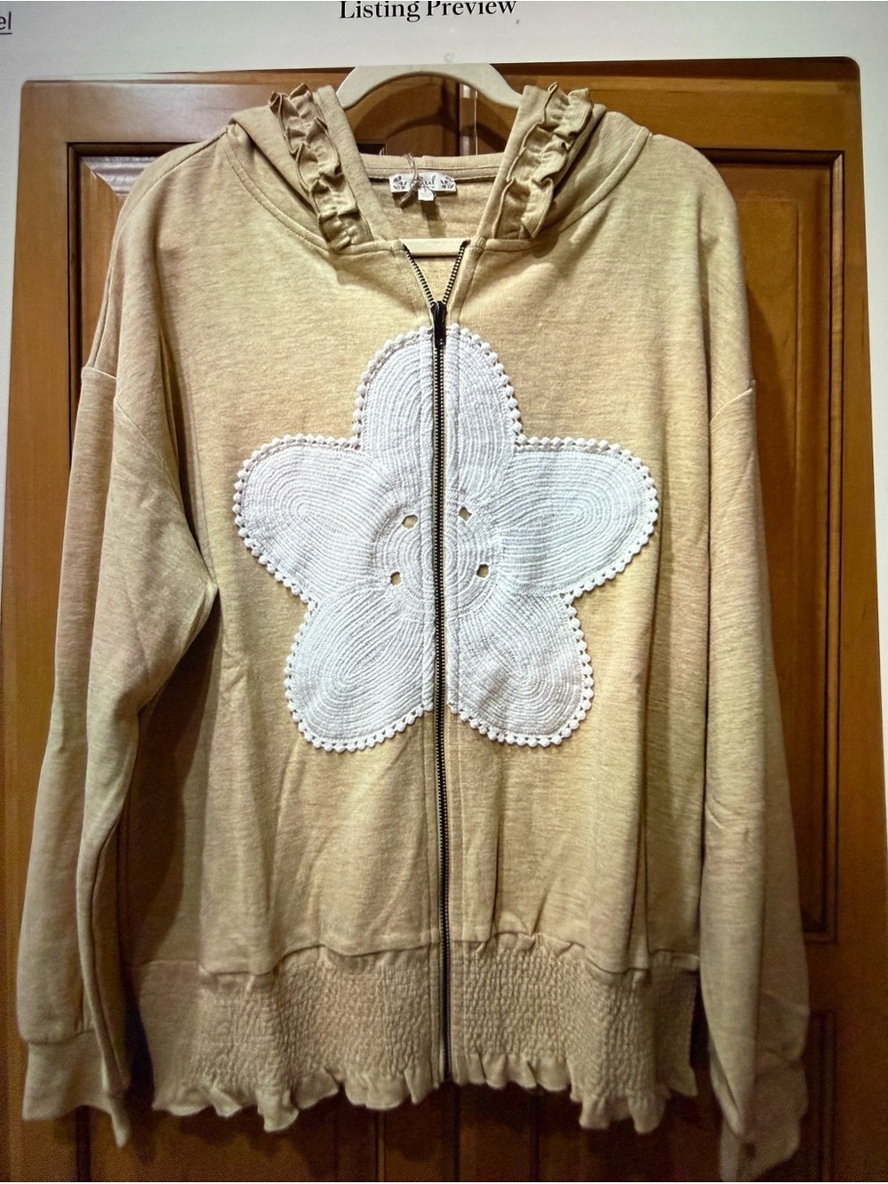 Easel cream zip-front hoodie with white flower appliqué